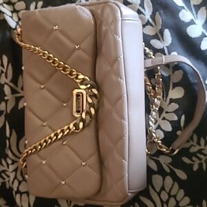 Badgley Mischka Quilted Taupe Crossbody Bag with Gold Chain Strap